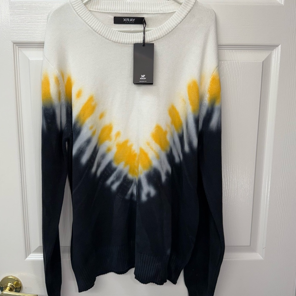 NWT Xray White Navy Yellow Tie-Dye Crew Neck Sweater 2XL